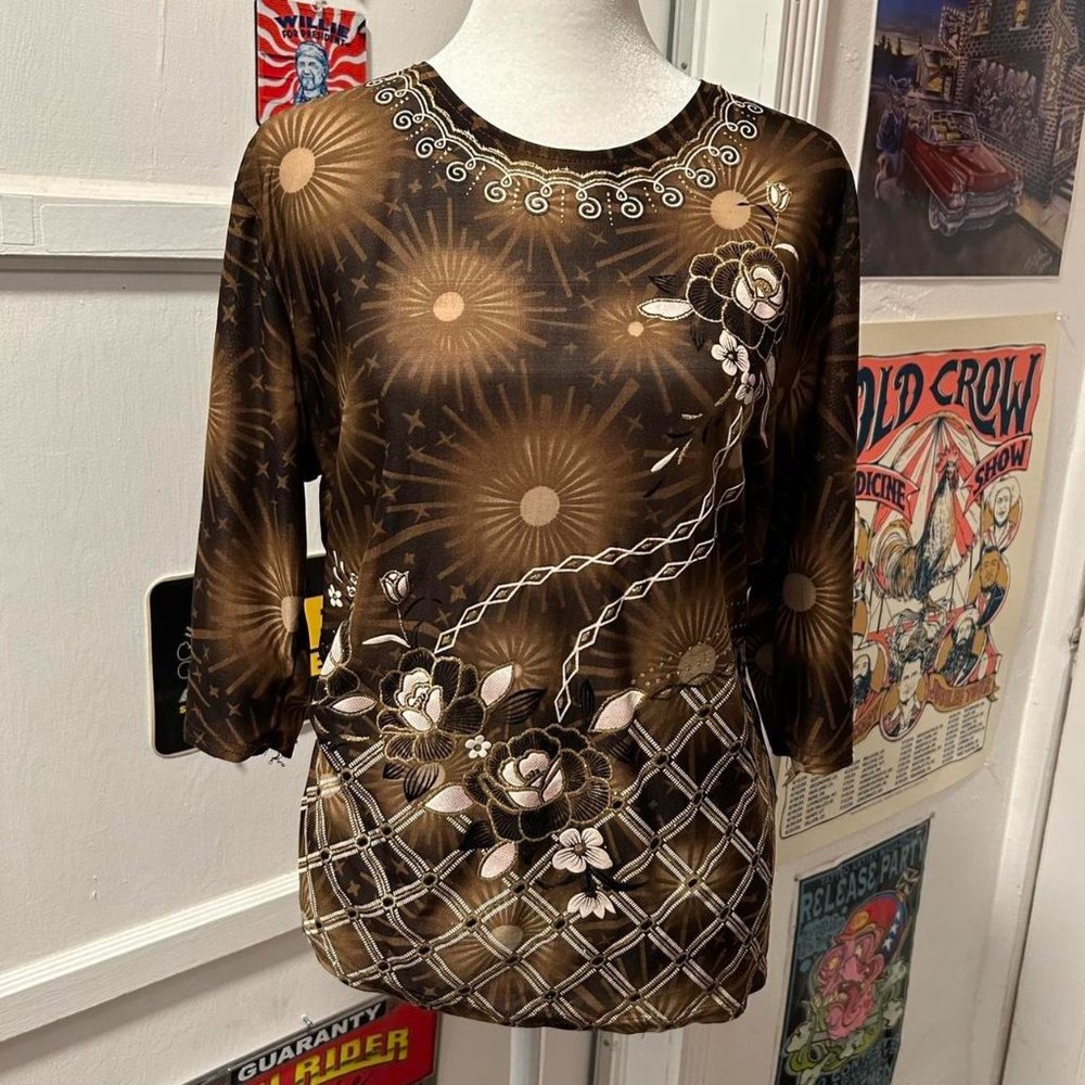 Early y2k 2000s women’s brown and gold floral blouse top.